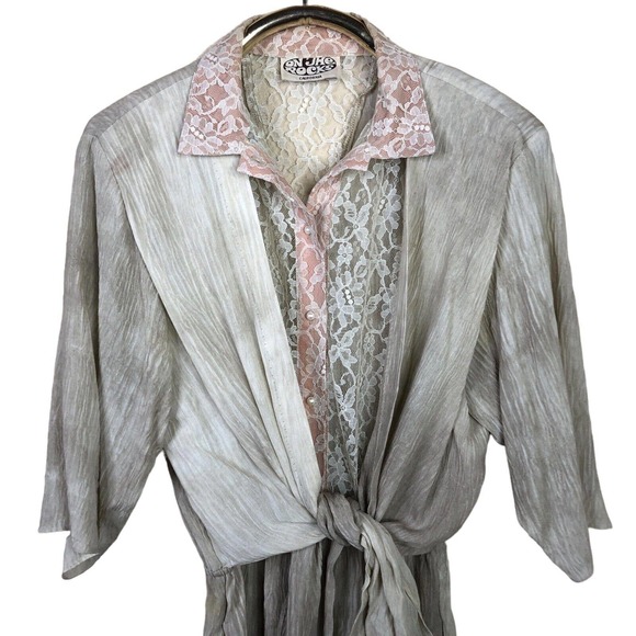 Vintage 80s On The Rocks Jumpsuit Lace Crinkle Wrinkle Tie Front - Picture 10 of 16